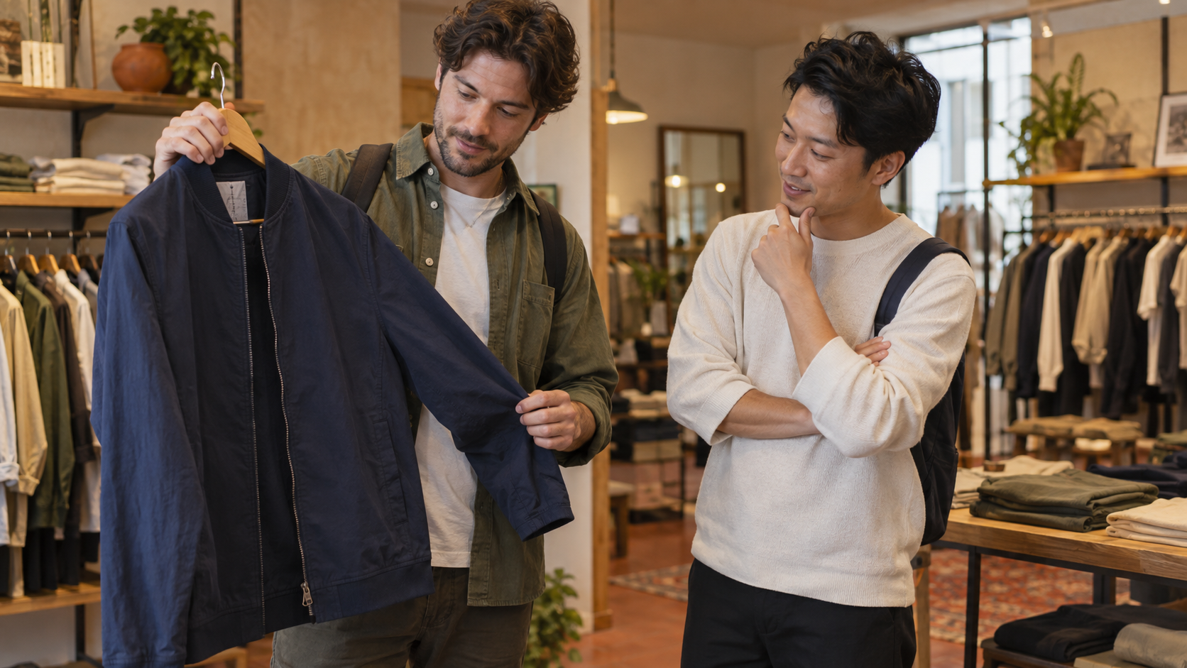 服の店でジャケットを見ながら相談するJakeとRyan