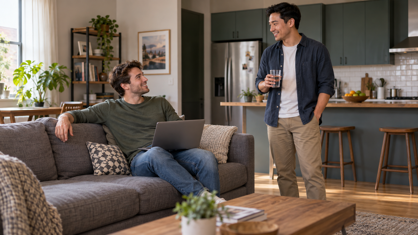 家のリビングで小さなお願いをするJakeとRyan
